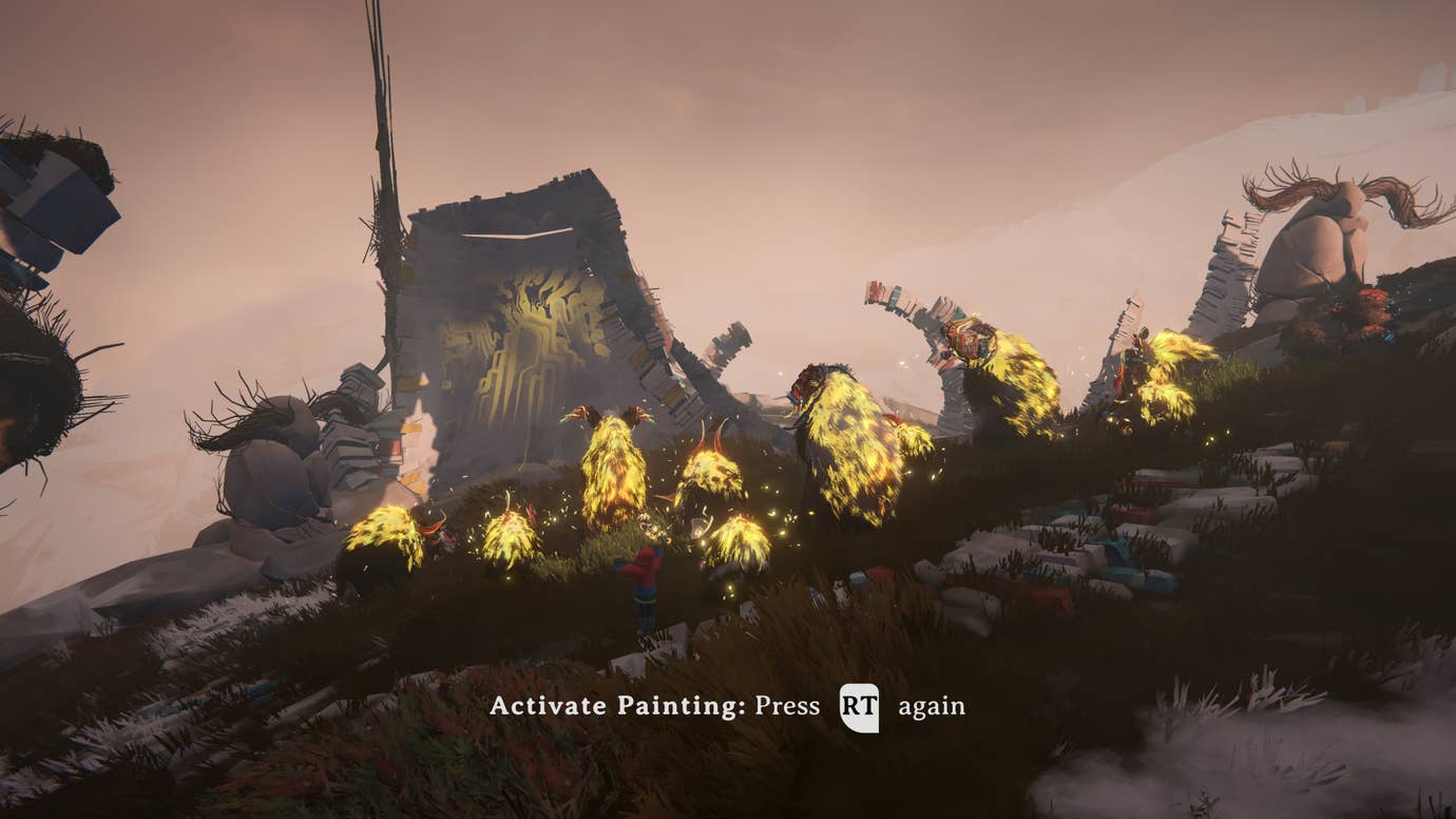 A herd of goatlike animals with blazing yellow fur clustered before a faint mural in Herdling.